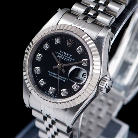 rolex oyster perpetual datejust black dial diamond|Rolex Datejust with diamond bezel.